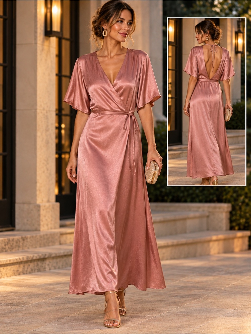WHIMSY + ROW Lola Blush Satin Wrap Maxi Dress M Open Back Wedding Guest Formal